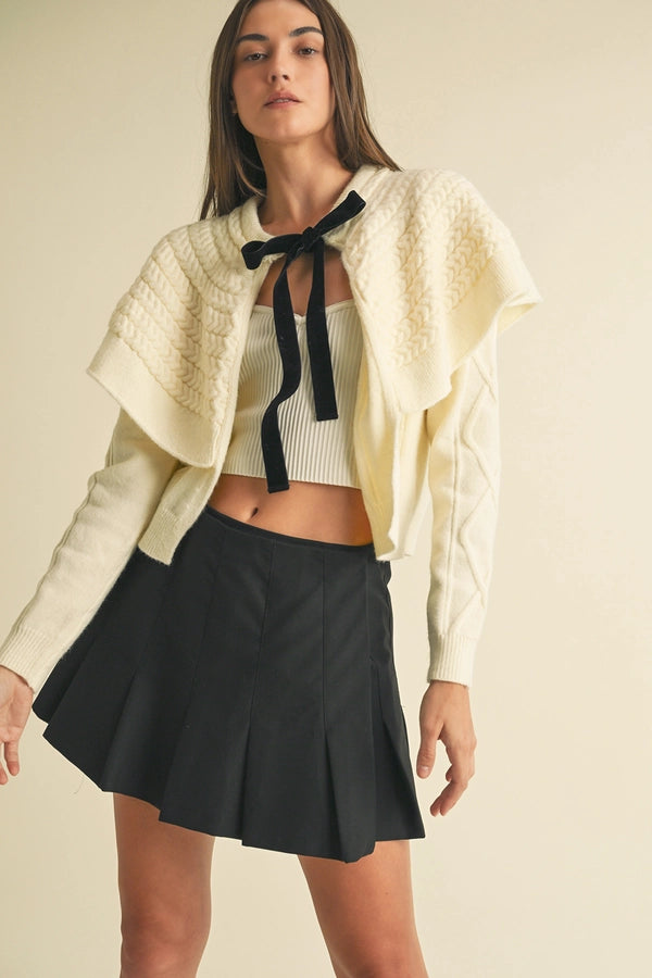 Cable Knit Cape Overlay Cardigan with Velvet Tie