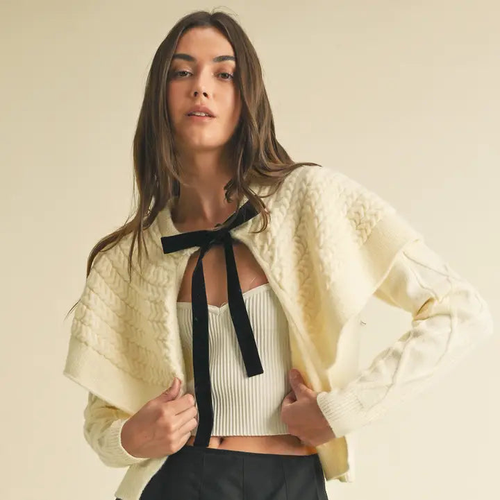 Cable Knit Cape Overlay Cardigan with Velvet Tie