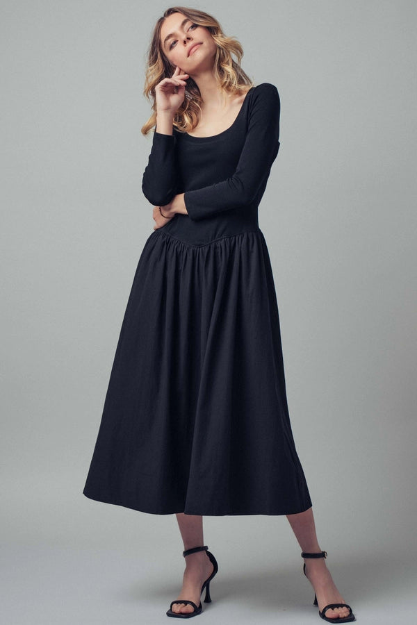 Scoop Neck Knit & Woven Midi Dress with Pockets