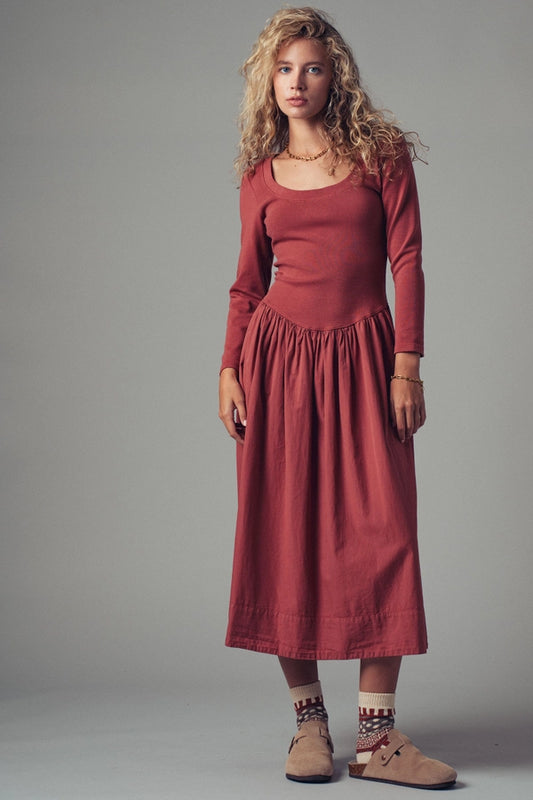 Scoop Neck Knit & Woven Midi Dress with Pockets