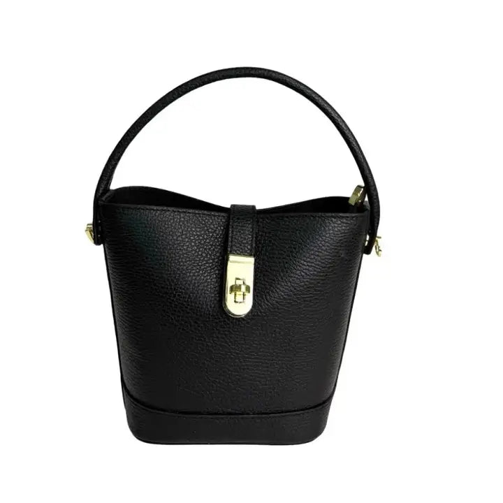 Mini Pebbled Leather Bucket Bag – Structured Top Handle Crossbody