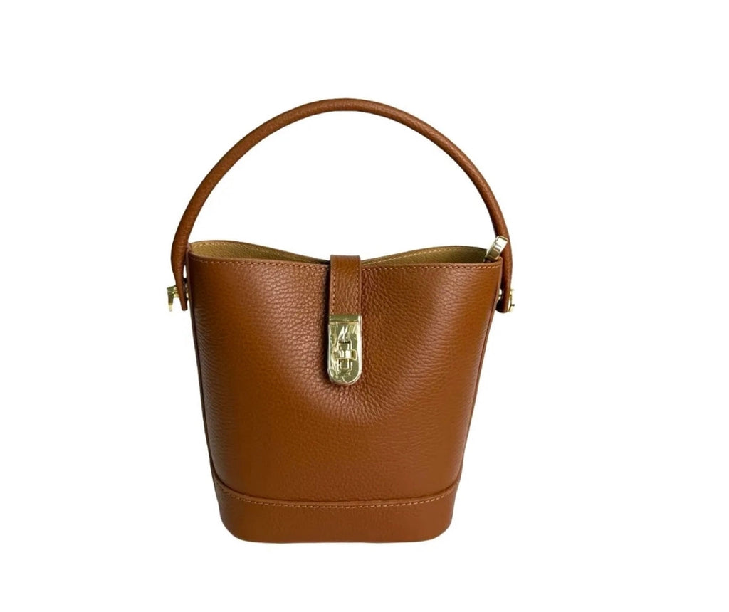 Mini Pebbled Leather Bucket Bag – Structured Top Handle Crossbody