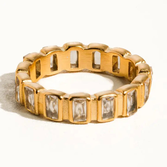 Non-Tarnish Gold Rhinestone Ring – Waterproof Stainless Steel Cubic Zirconia Eternity Band