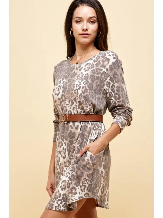Leopard T-Shirt Dress in Taupe – Casual Rayon Long Sleeve Lounge Dress