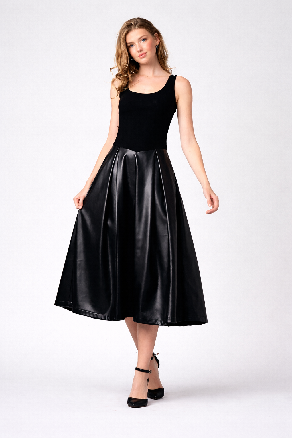 Mixed Media Faux Leather A-Line Midi Dress