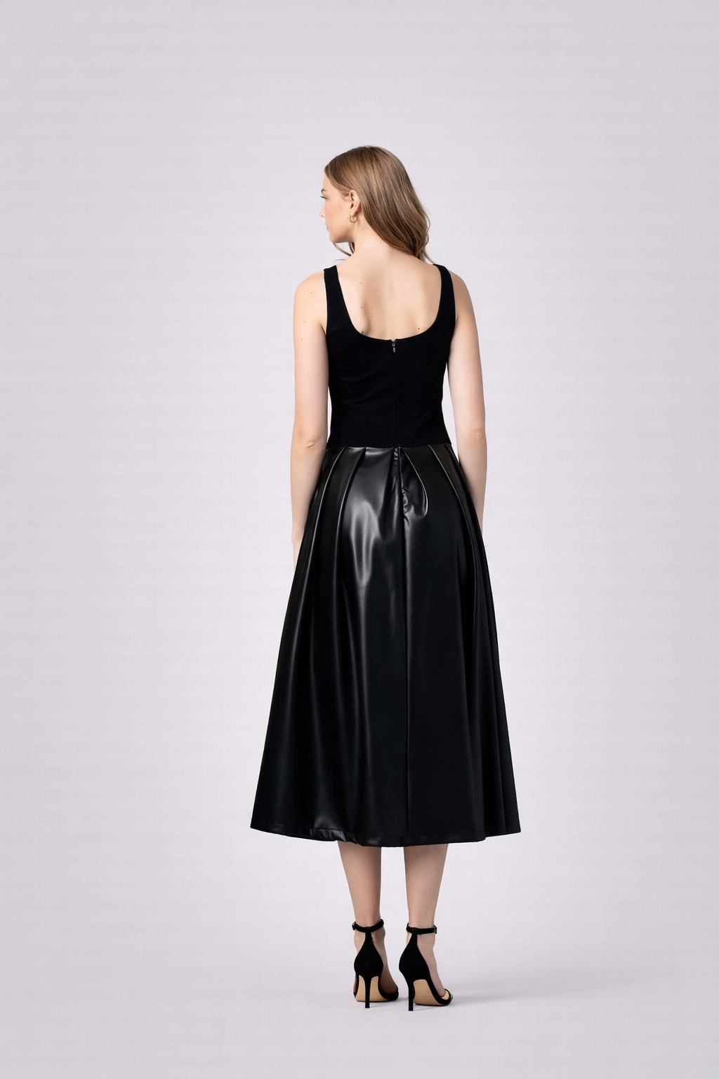 Mixed Media Faux Leather A-Line Midi Dress