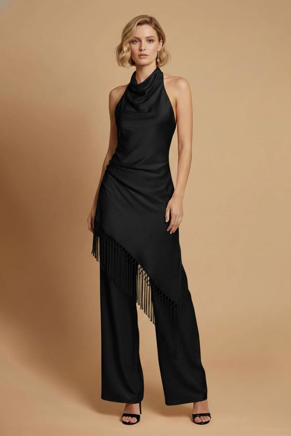 Satin Halter Top & Wide-Leg Pants Set – Draped Cowl Neck Evening Outfit