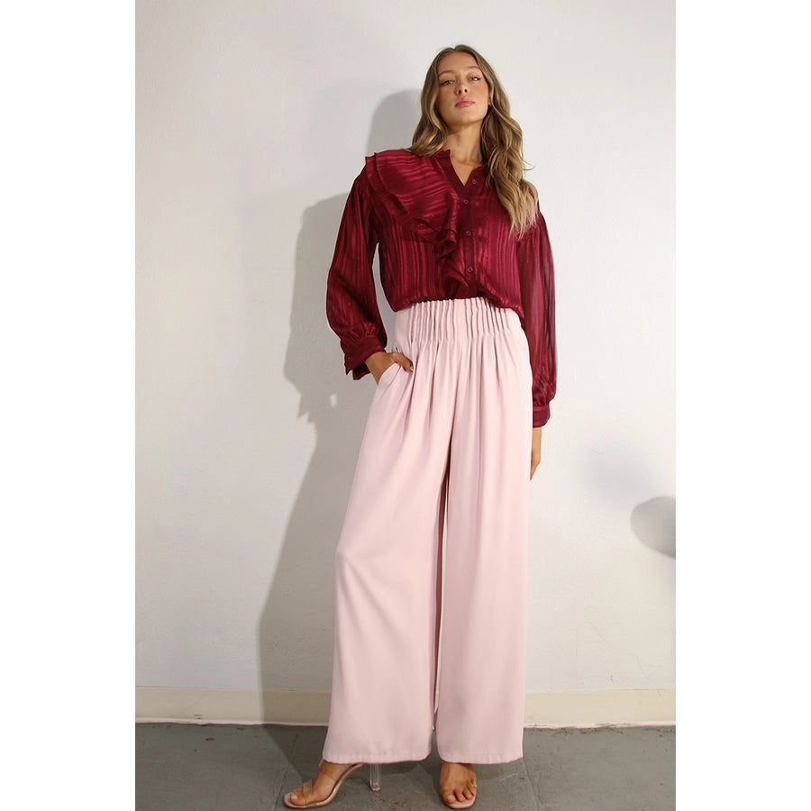 Front Pleated Wide Leg Pants with Elastic Waist