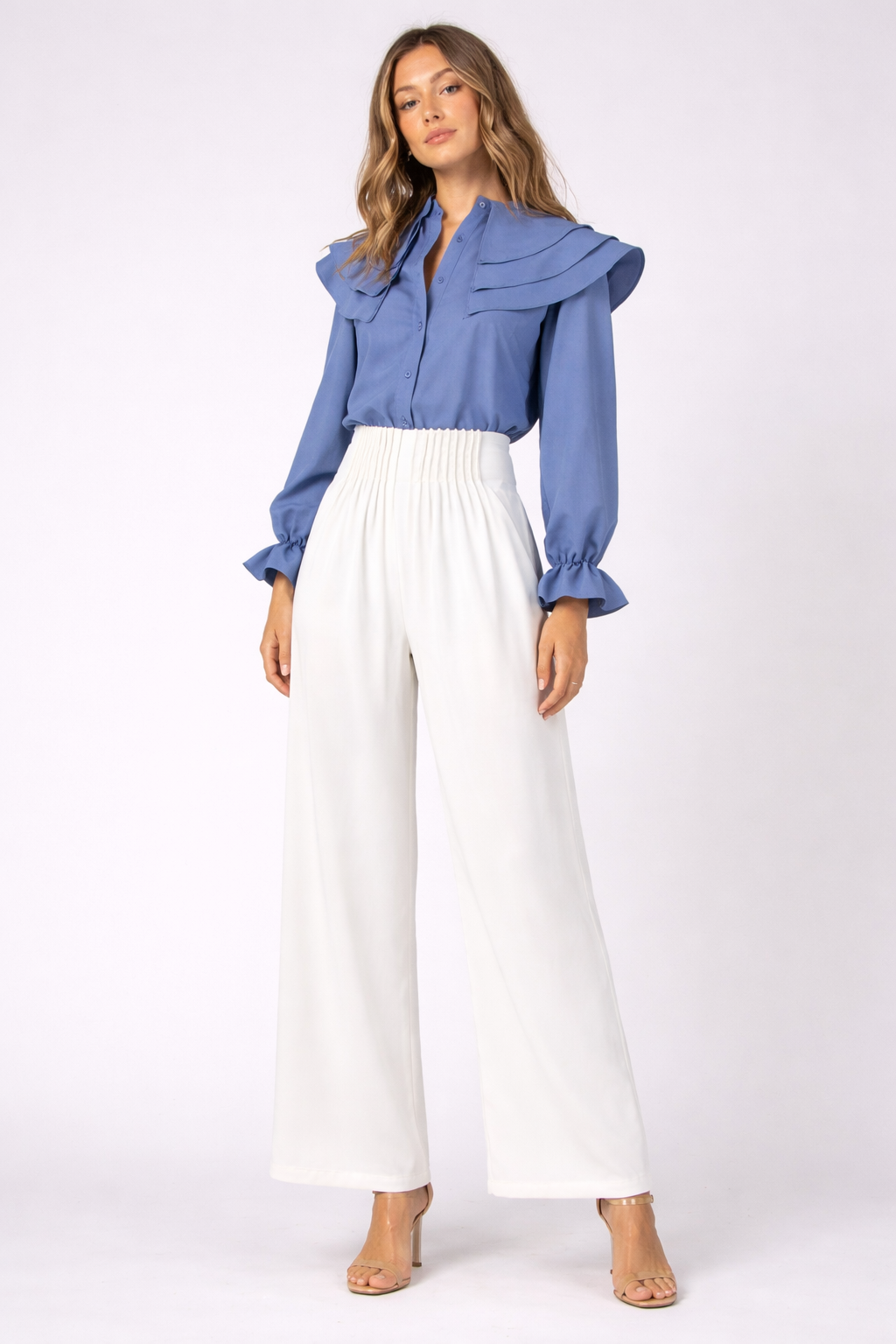 Front Pleated Wide Leg Pants with Elastic Waist