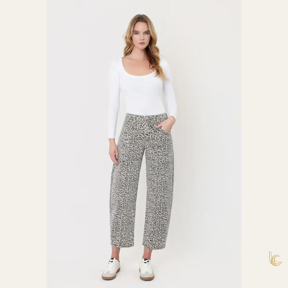 High-Rise Leopard Print Barrel Jeans
