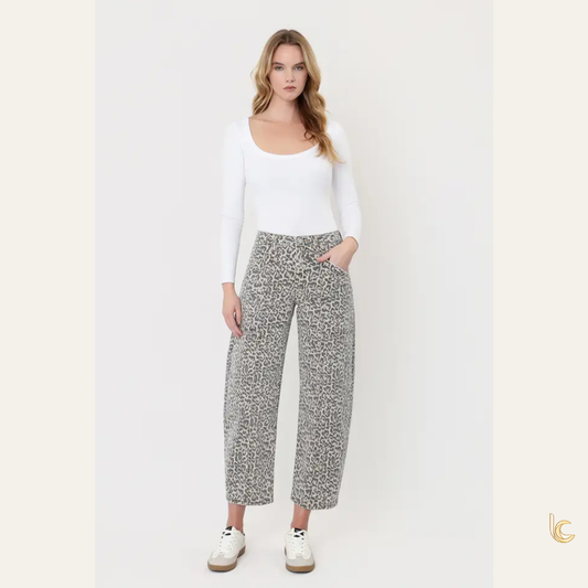 High-Rise Leopard Print Barrel Jeans