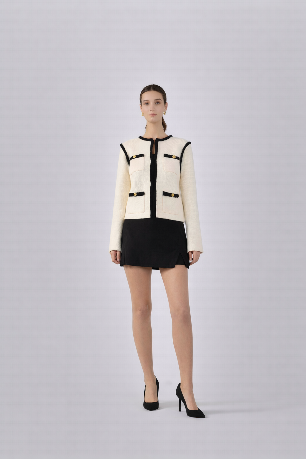 Braided Knit Long Sleeve Jacket – Cream & Black