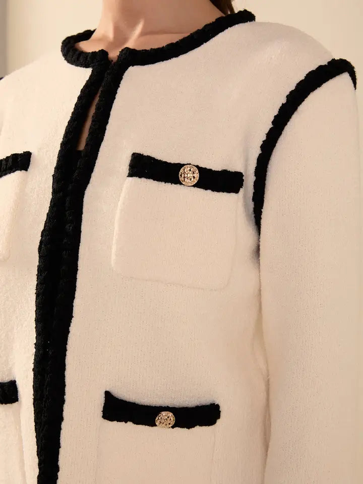 Braided Knit Long Sleeve Jacket – Cream & Black