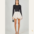 Open Back Knit Bubble Mini Dress – Long Sleeve Black & Ivory Contrast Party Dress