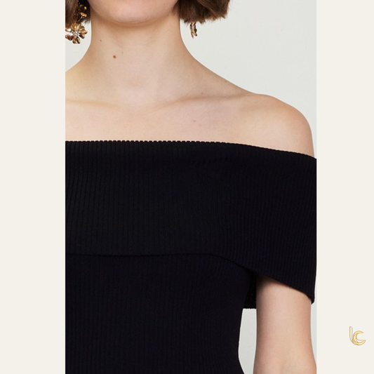 Off Shoulder Rib Knit Midi Dress – Pleated Skirt Elegant Dress