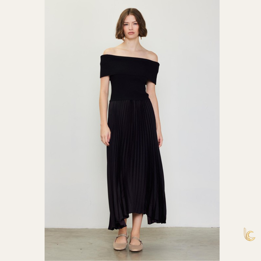 Off Shoulder Rib Knit Midi Dress – Pleated Skirt Elegant Dress