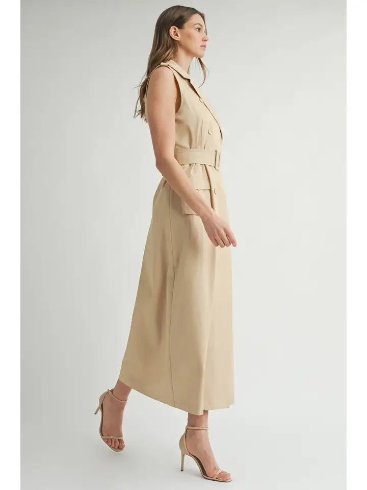 Sleeveless Trench Dress with Belt – Double Breasted Beige A-Line Dress