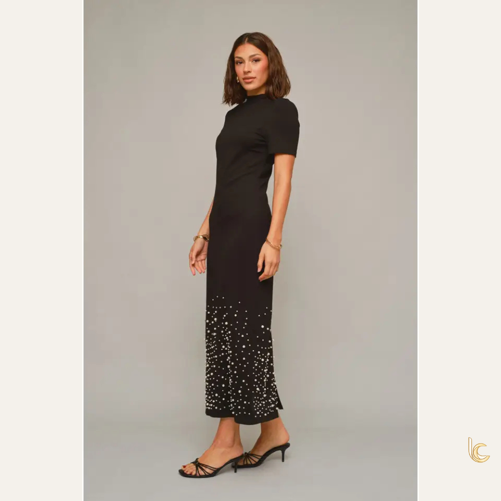 Pearl Embellished Mock Neck Dress