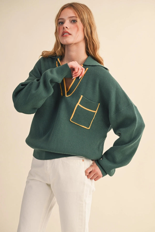Contrast Trim Ribbed Collared Pullover Sweater
