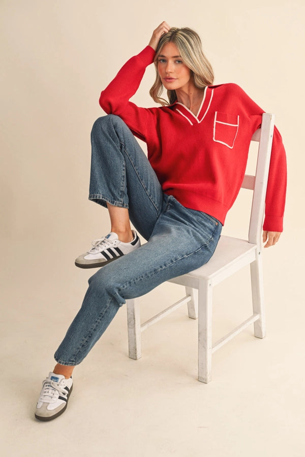 Contrast Trim Ribbed Collared Pullover Sweater