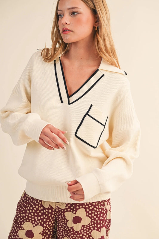 Contrast Trim Ribbed Collared Pullover Sweater