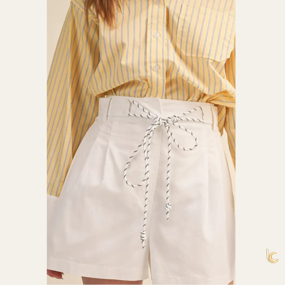 Ivory Rope-Tie Belt Pleated Cotton Shorts