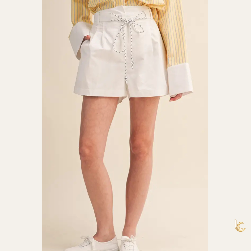 Ivory Rope-Tie Belt Pleated Cotton Shorts