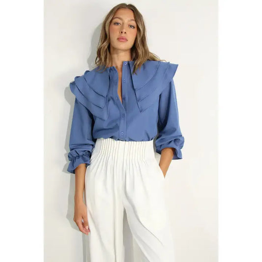 Denim Blue Ruffled Button Down Long Sleeve Shirt