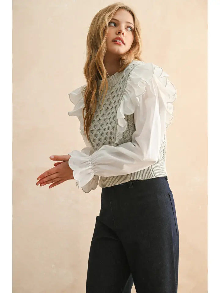 Ruffle Trimmed Long Sleeve Sweater Combo Blouse