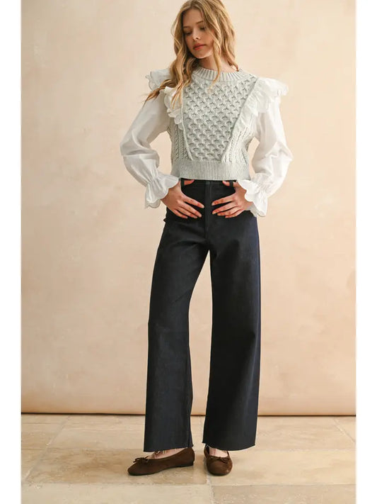 Ruffle Trimmed Long Sleeve Sweater Combo Blouse