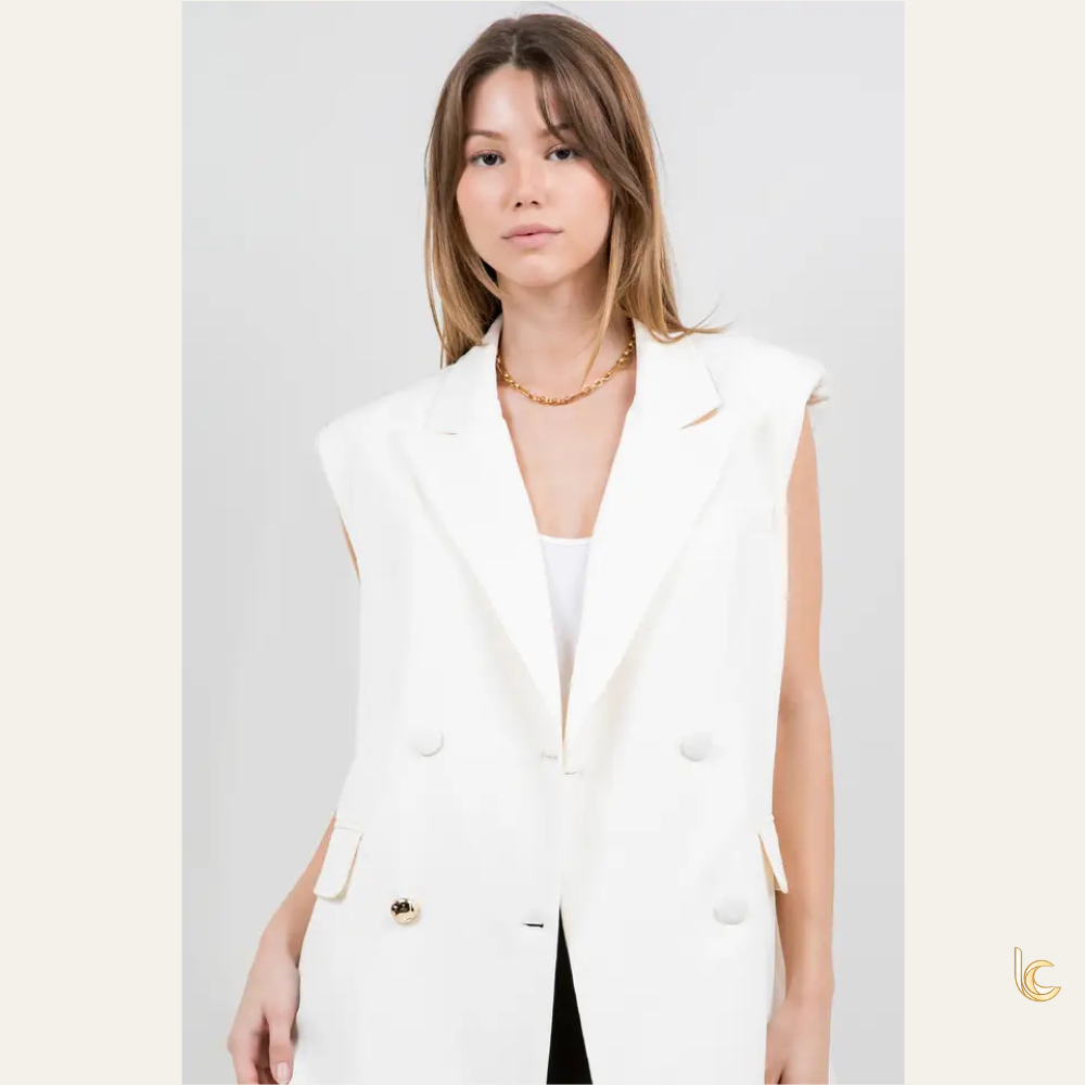Ivory Structured Woven Vest Jacket with Accent Gold Button