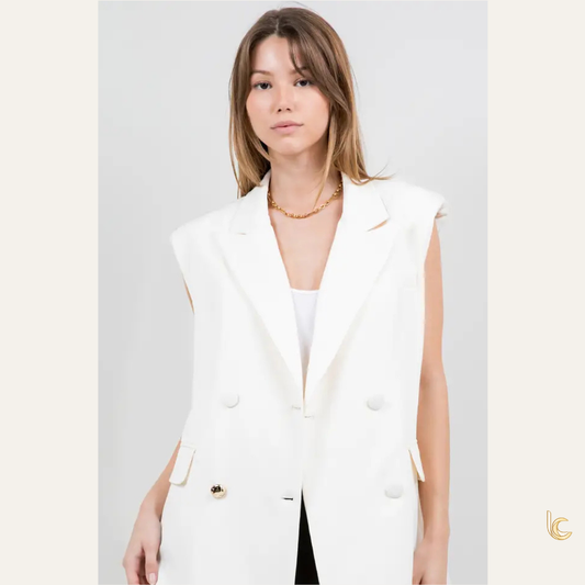 Ivory Structured Woven Vest Jacket with Accent Gold Button