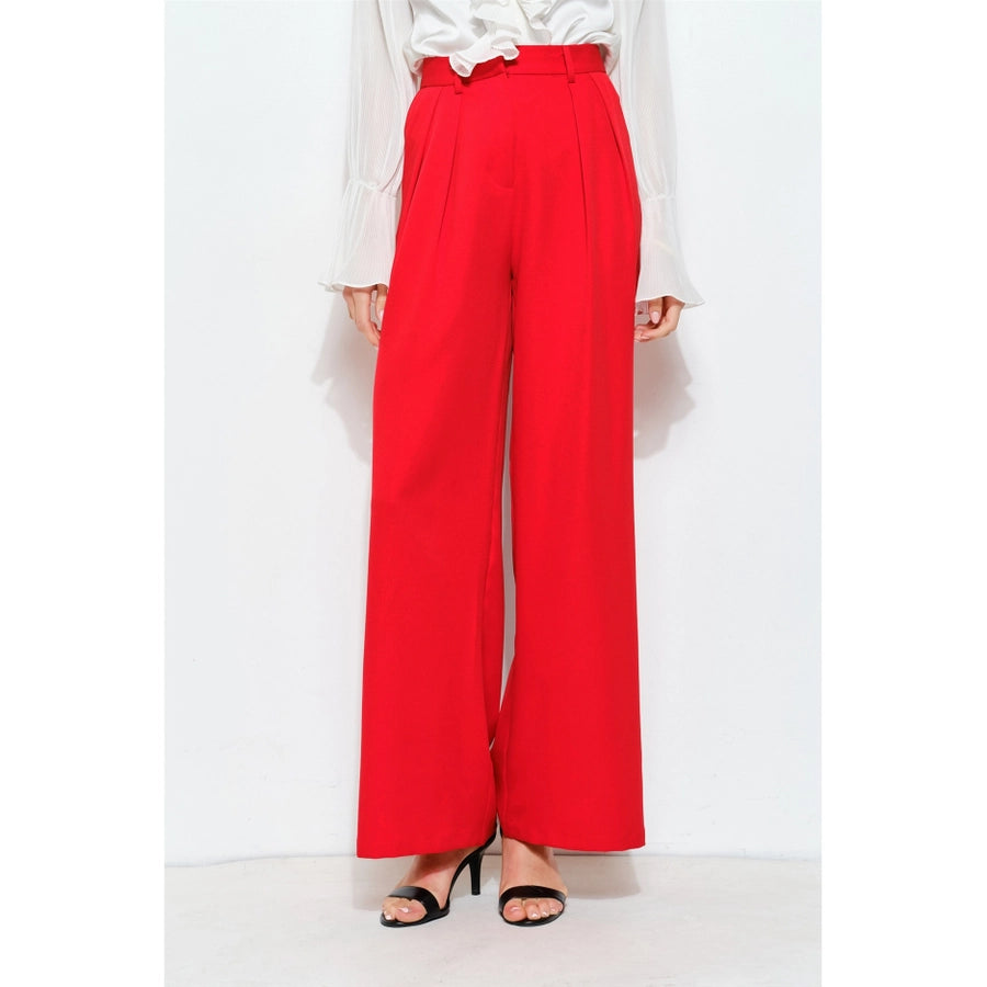 Chic Side Pockets High Waist Pleated Wide Leg Pants