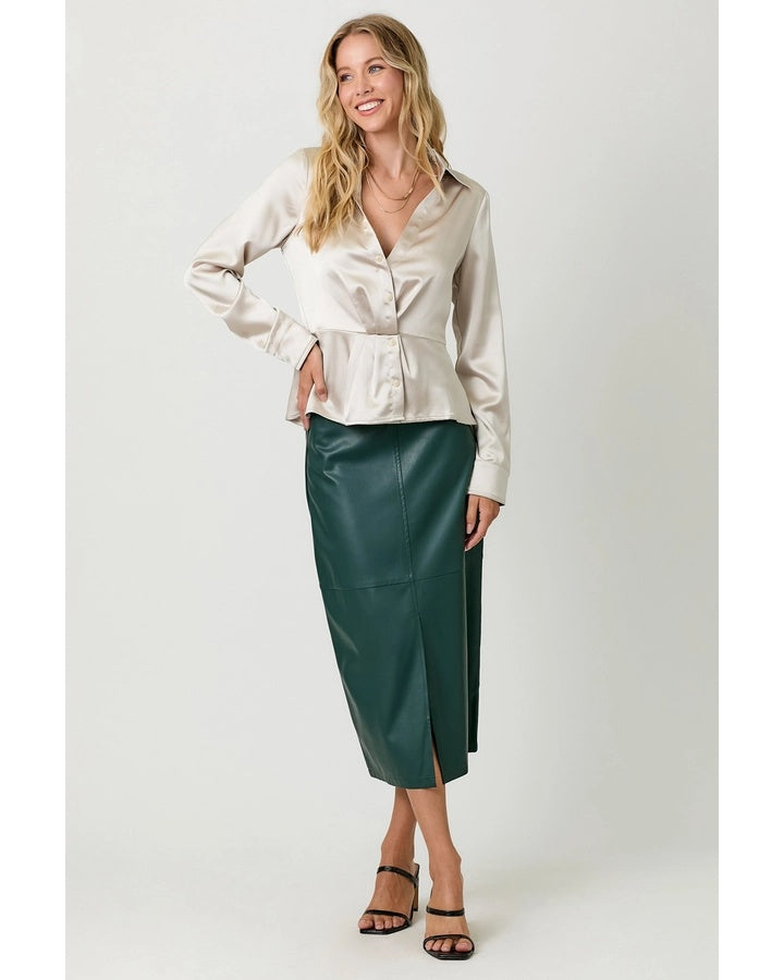 Vegan Leather Front Slit Midi Skirt