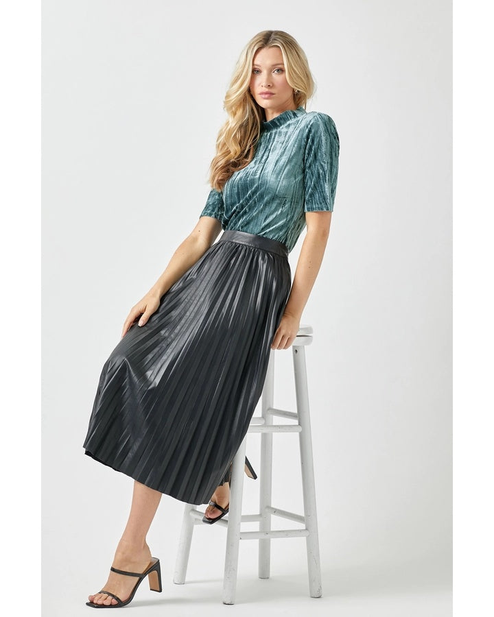 Leather Pleating Midi Skirt | A-Line Vegan Leather Skirt