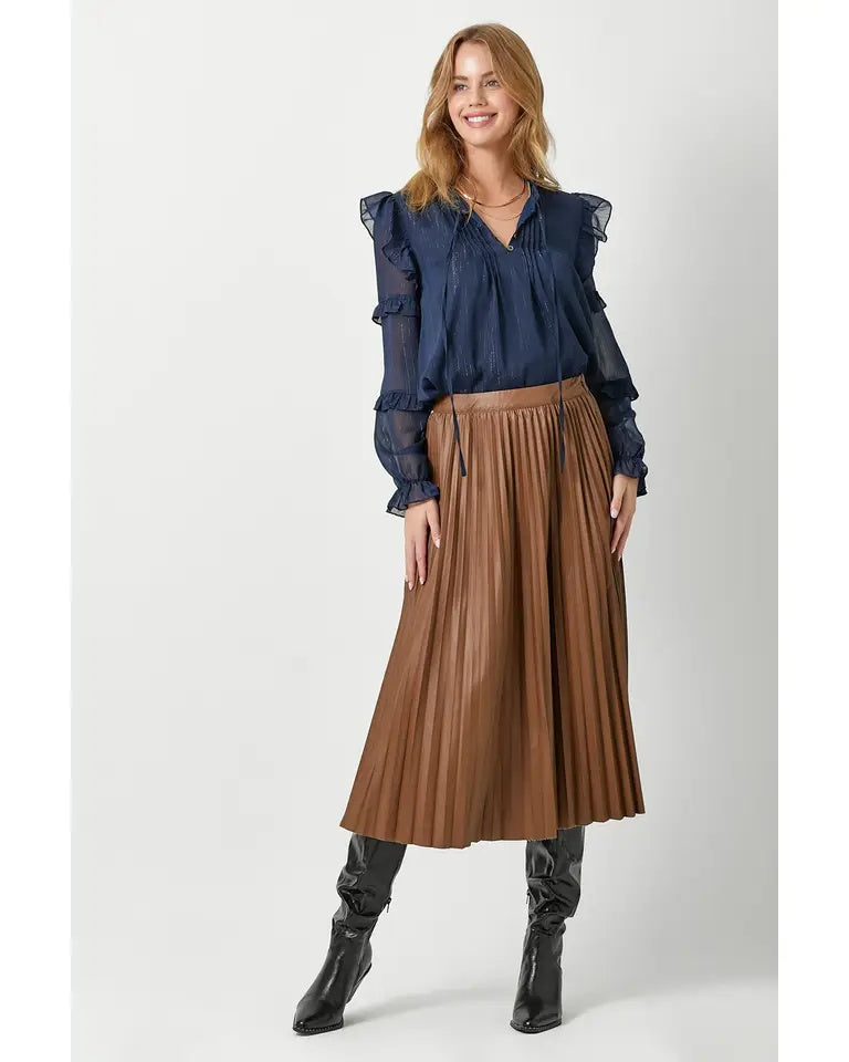 Leather Pleating Midi Skirt | A-Line Vegan Leather Skirt