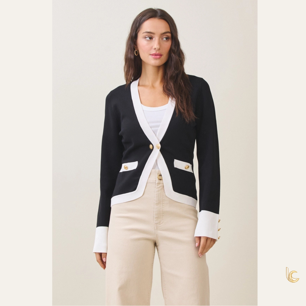 Two-Tone Knit Cardigan Sweater Jacket – Gold Button Colorblock Cardigan