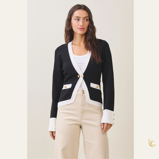 Two-Tone Knit Cardigan Sweater Jacket – Gold Button Colorblock Cardigan