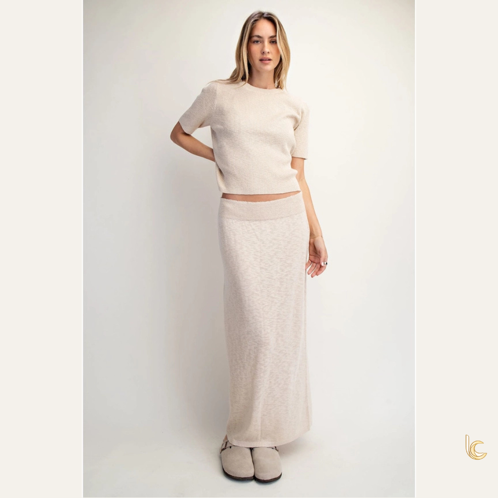 Women's Rib Knit Sweater Set – Linen Feel Crop Top & Maxi Skirt Outfit