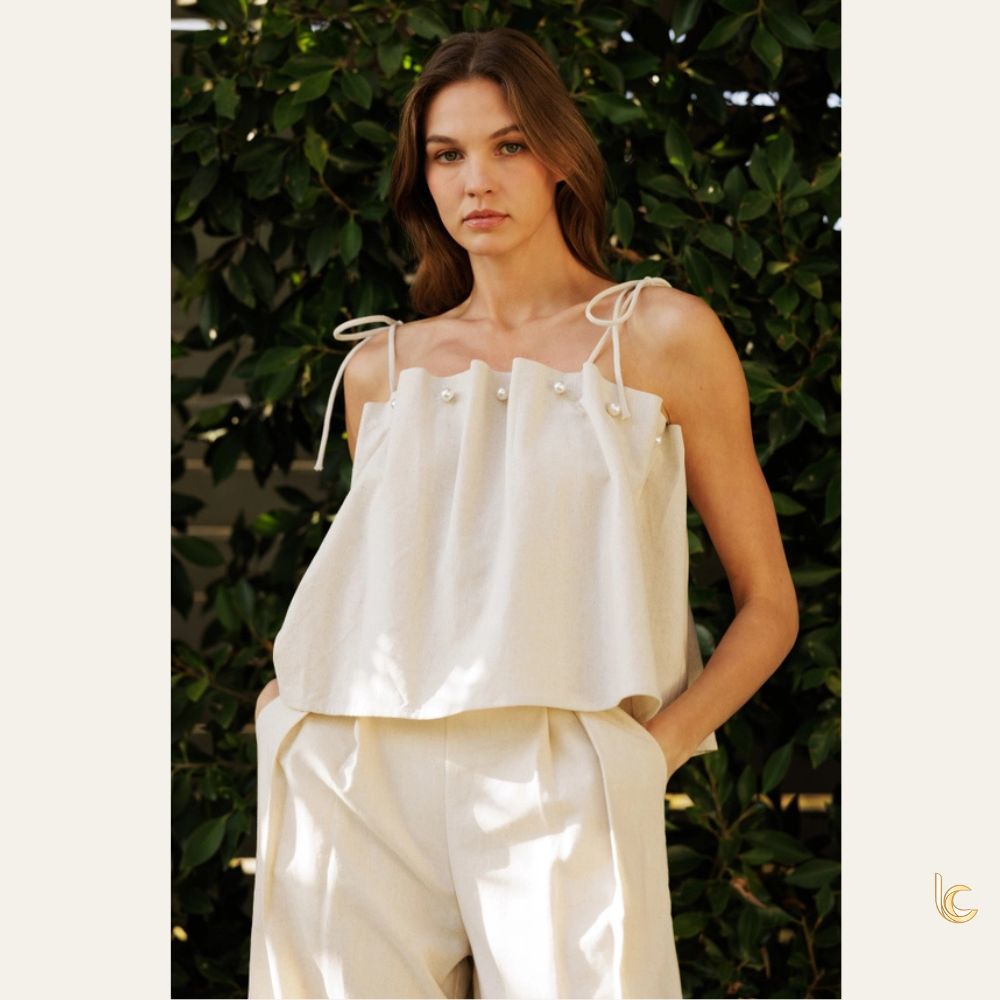 Linen Tie Strap Tank Top – Pearl Detail Summer Blouse