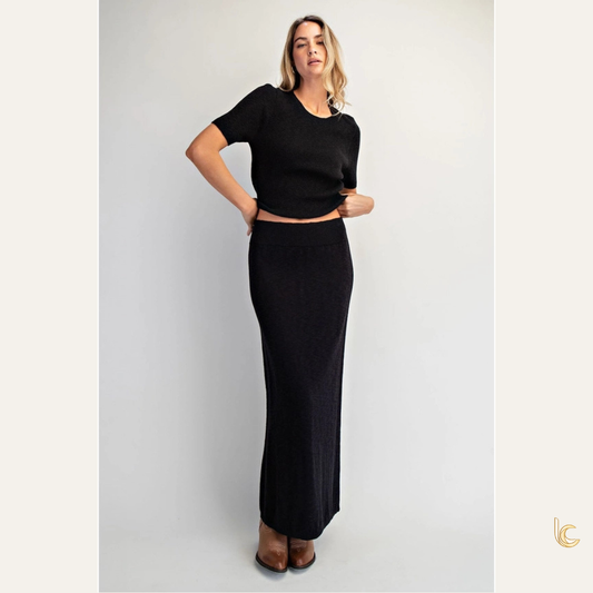 Women's Rib Knit Sweater Set – Linen Feel Crop Top & Maxi Skirt Outfit
