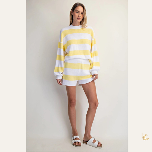 Striped Knit Sweater Set – Oversized Long Sleeve Top & High Waist Shorts