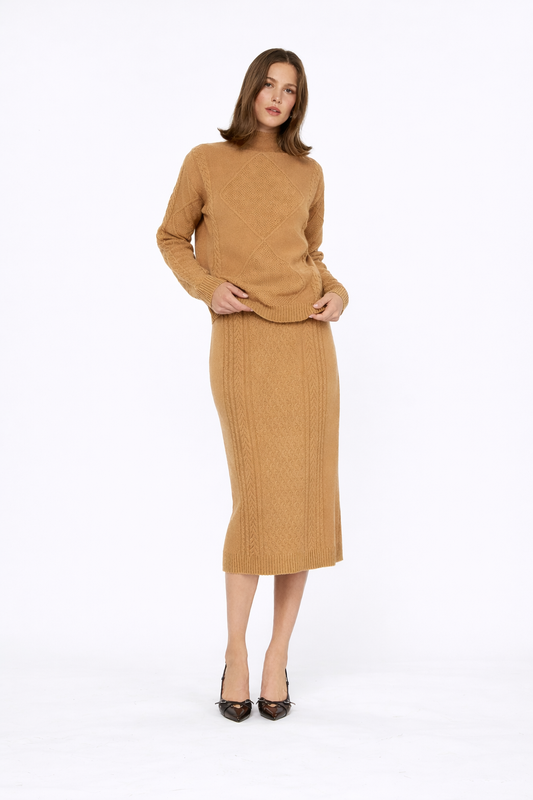 Wool Cable Knit Midi Skirt