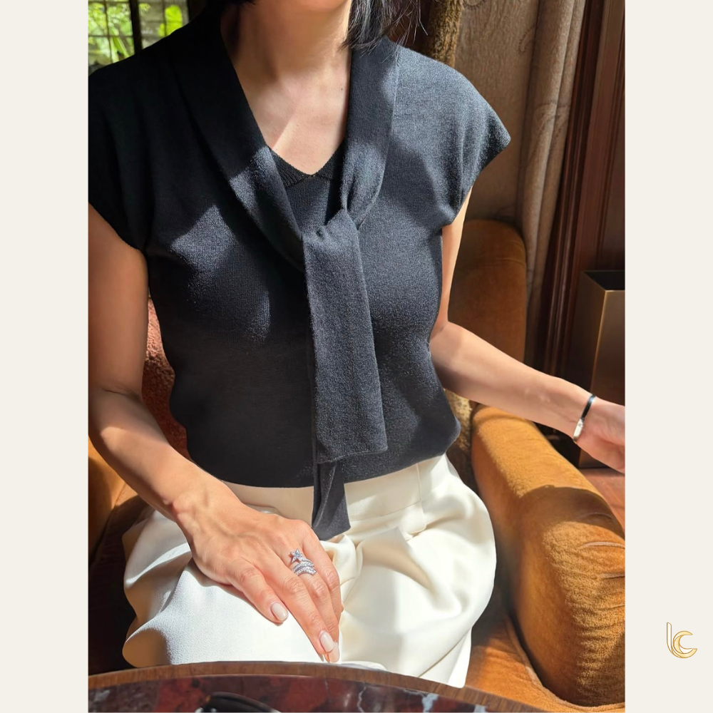 Tie-Neck Short Sleeve Knit Top