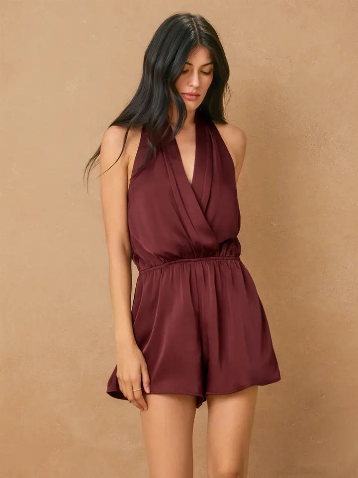 Satin Halter Open Back Romper