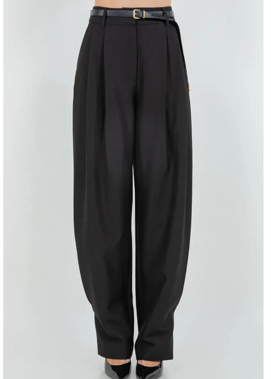 Black Soft Woven Pleated Trousers with Tapered Leg