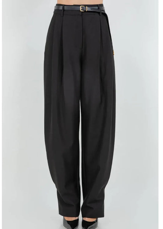 Black Soft Woven Pleated Trousers with Tapered Leg