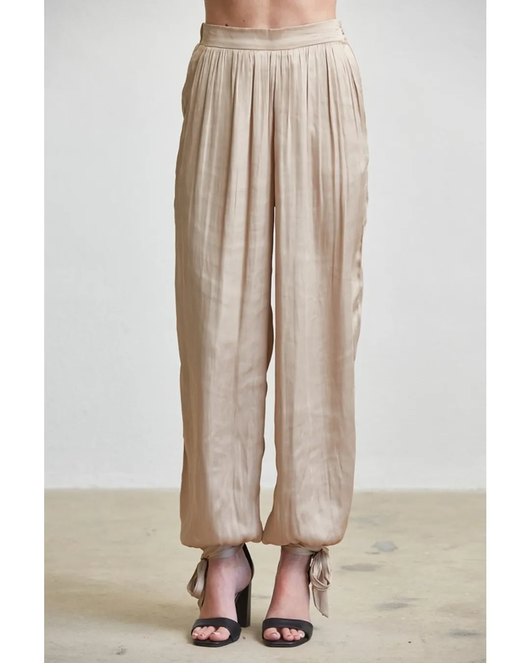 Satin Pleated Wide-Leg Pants with Tie Cuff Hem