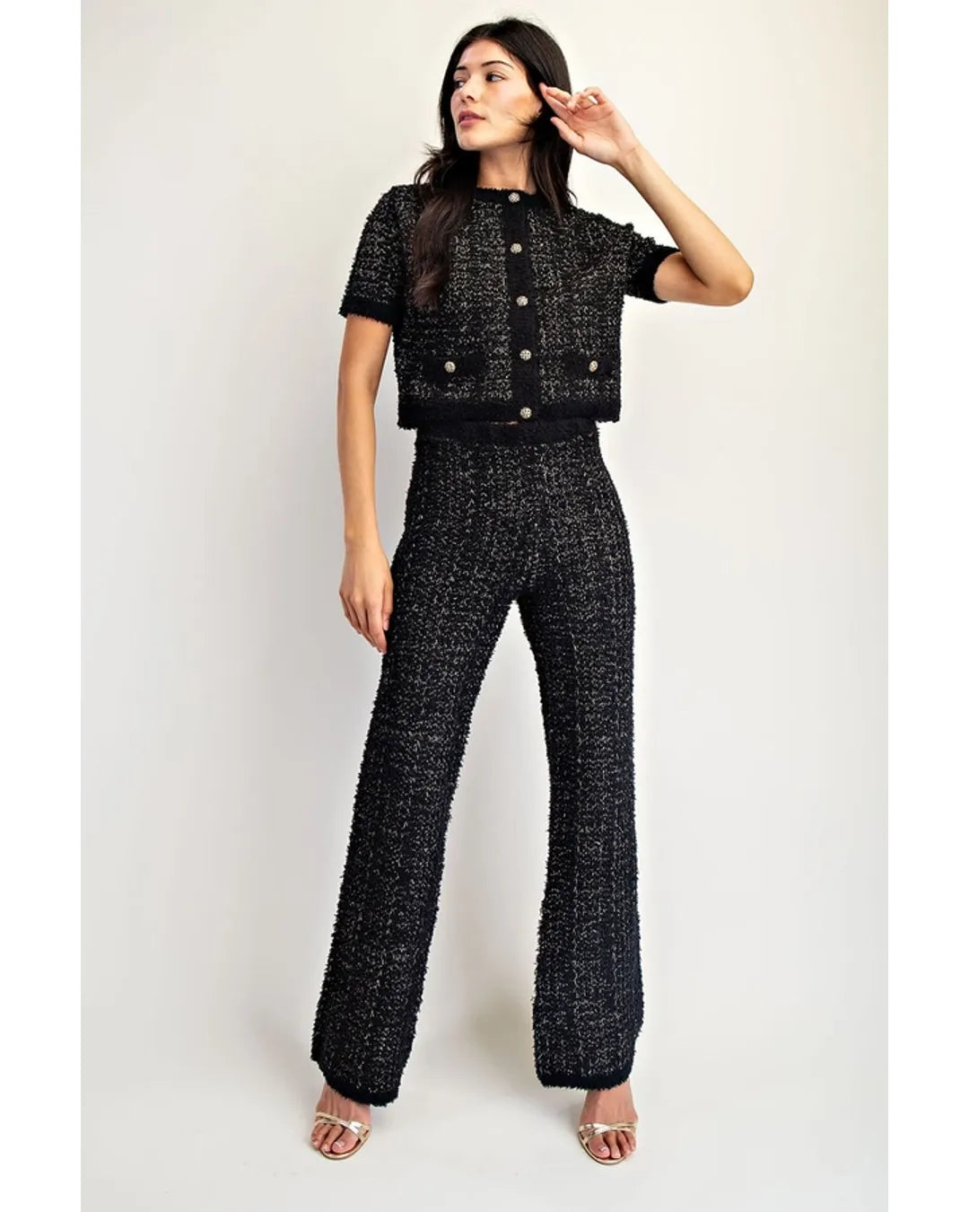 Bouclé Textured Cropped Knit & High-Waisted Set