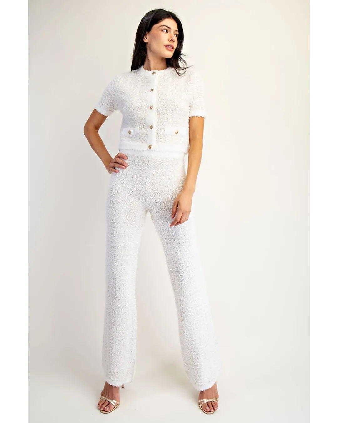 Bouclé Textured Cropped Knit & High-Waisted Set